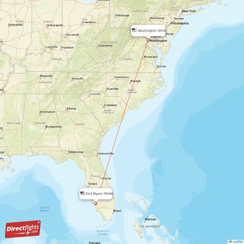 Washington - Fort Myers direct flight map