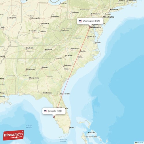 Washington - Sarasota direct flight map