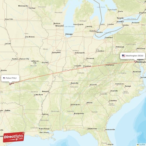 Washington - Tulsa direct flight map