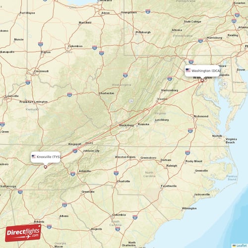 Washington - Knoxville direct flight map