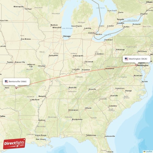 Washington - Bentonville direct flight map
