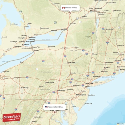 Washington - Ottawa direct flight map