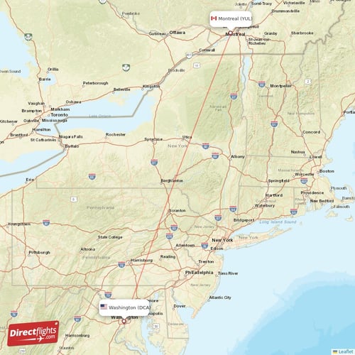 Washington - Montreal direct flight map