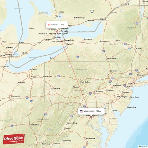 Washington - Toronto direct flight map