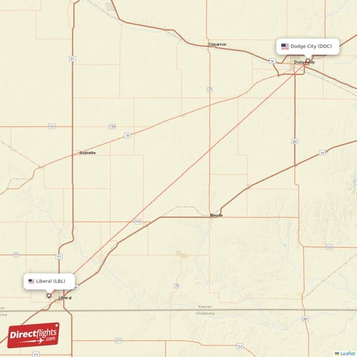 Dodge City - Liberal direct flight map