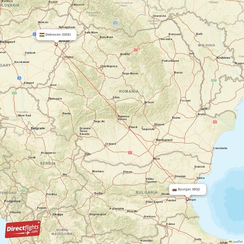 Debrecen - Bourgas direct flight map