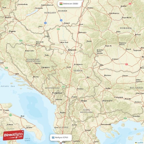 Debrecen - Kerkyra direct flight map