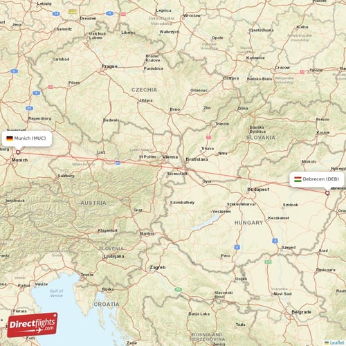 Debrecen - Munich direct flight map
