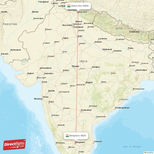 Dehra Dun - Bengaluru direct flight map