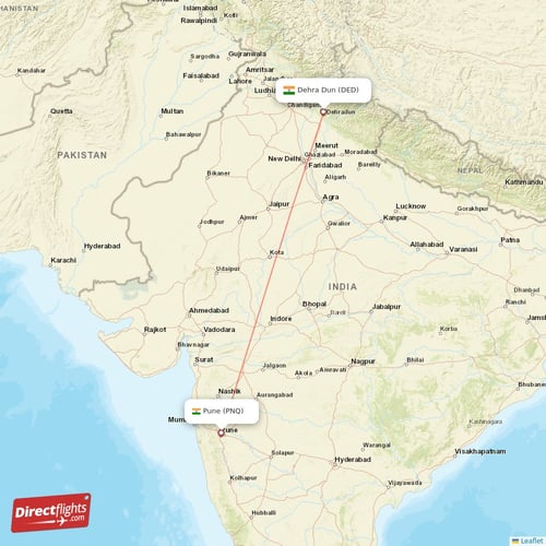 Dehra Dun - Pune direct flight map