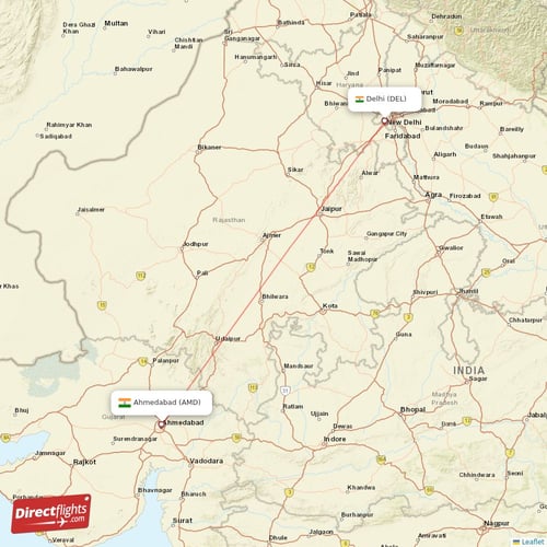Delhi - Ahmedabad direct flight map
