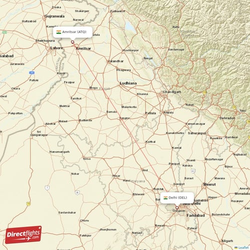 Delhi - Amritsar direct flight map