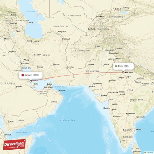 Delhi - Bahrain direct flight map
