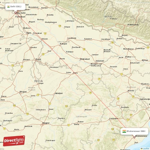 Delhi - Bhubaneswar direct flight map