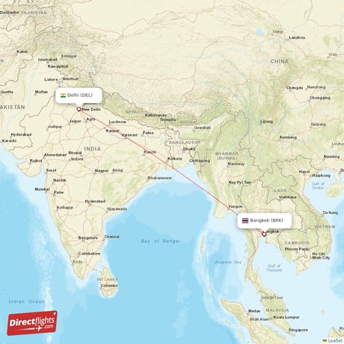 Delhi - Bangkok direct flight map