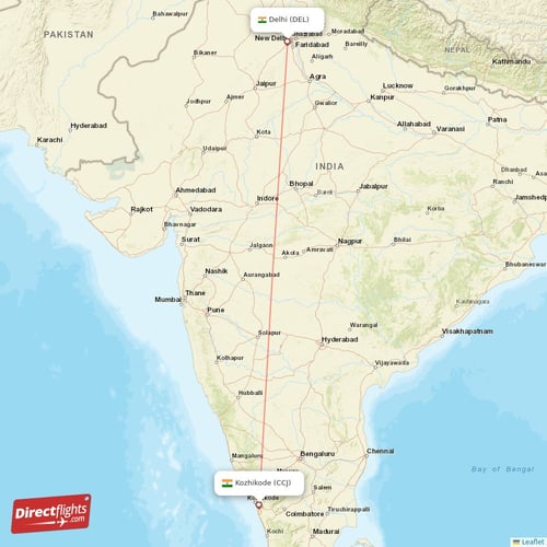 Delhi - Kozhikode direct flight map