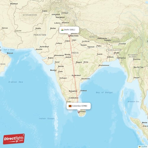 Delhi - Colombo direct flight map