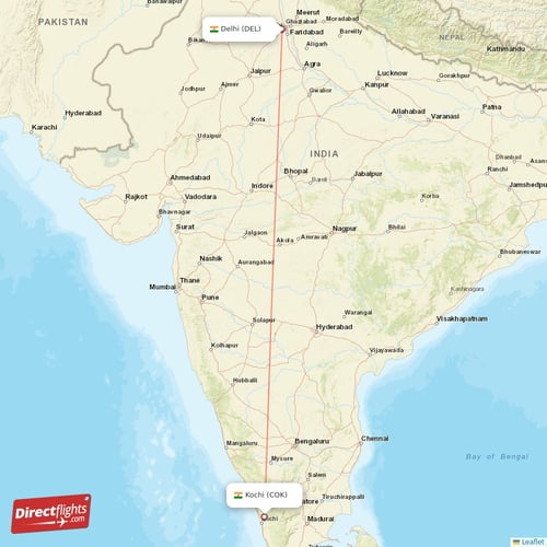Delhi - Kochi direct flight map