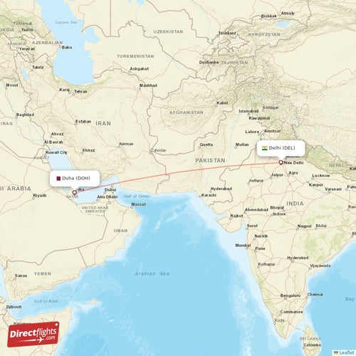 Delhi - Doha direct flight map