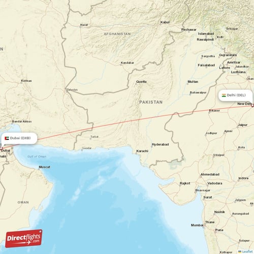 Delhi - Dubai direct flight map