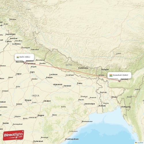Delhi - Guwahati direct flight map