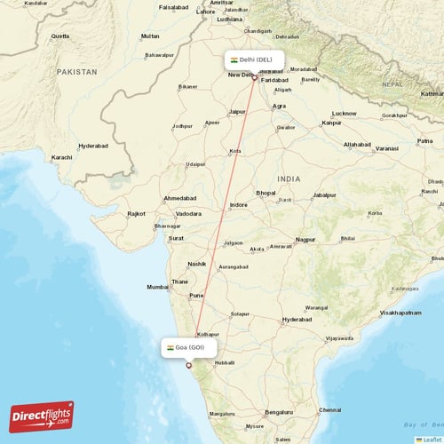 Delhi - Goa direct flight map
