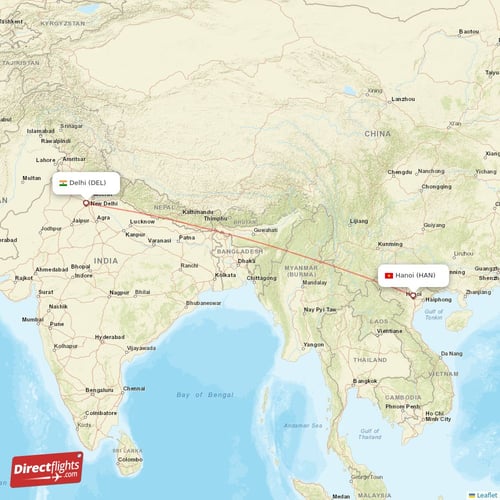 Delhi - Hanoi direct flight map