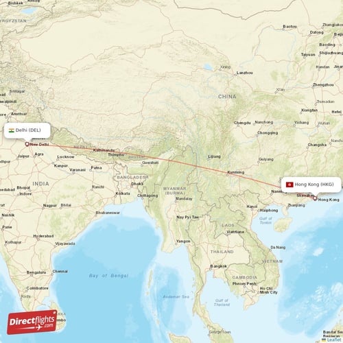 Delhi - Hong Kong direct flight map