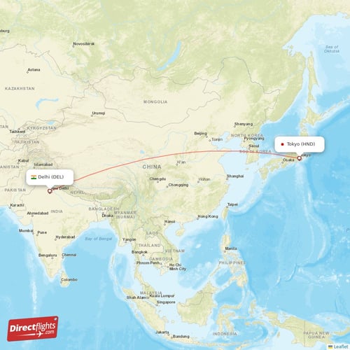 Delhi - Tokyo direct flight map