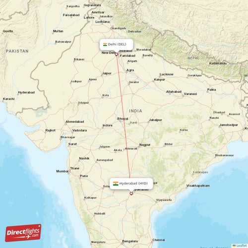 Delhi - Hyderabad direct flight map