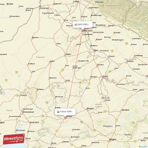 Delhi - Indore direct flight map