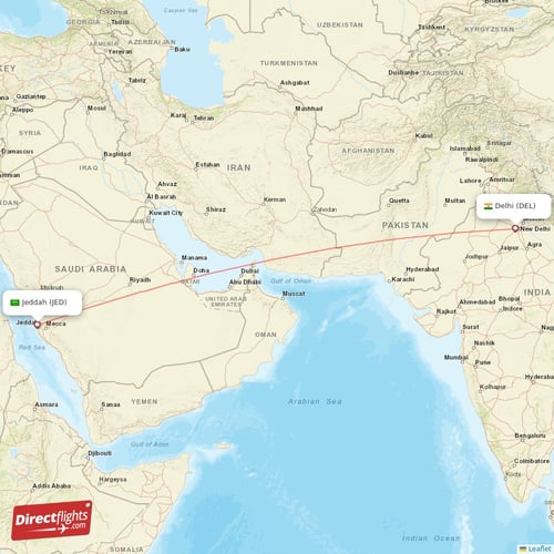 Delhi - Jeddah direct flight map