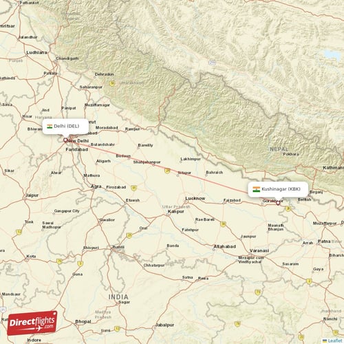 Delhi - Kushinagar direct flight map