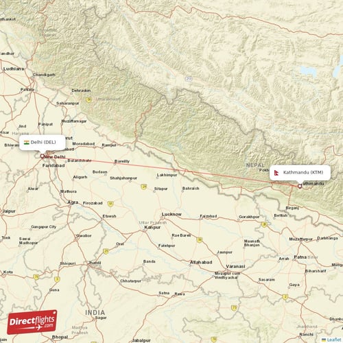 Delhi - Kathmandu direct flight map