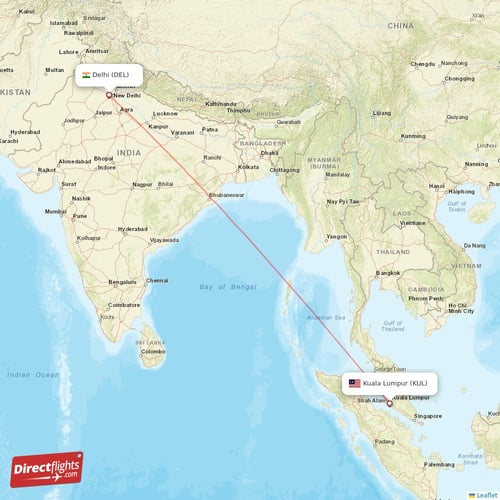 Delhi - Kuala Lumpur direct flight map