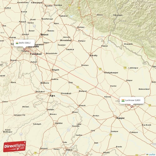 Delhi - Lucknow direct flight map