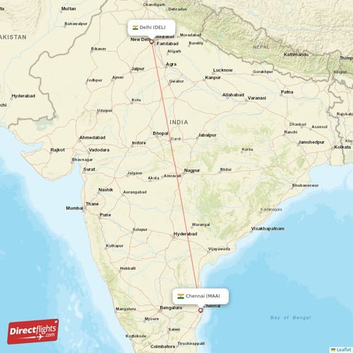 Delhi - Chennai direct flight map