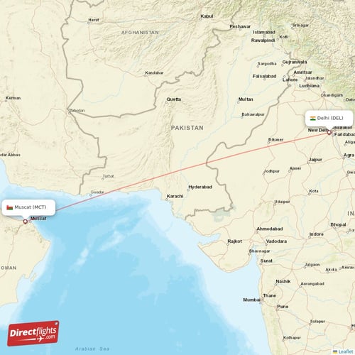 Delhi - Muscat direct flight map