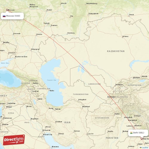 Delhi - Moscow direct flight map