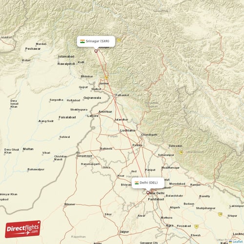 Delhi - Srinagar direct flight map