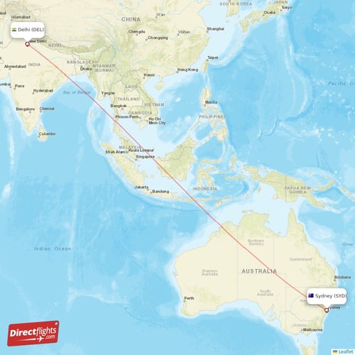 Delhi - Sydney direct flight map