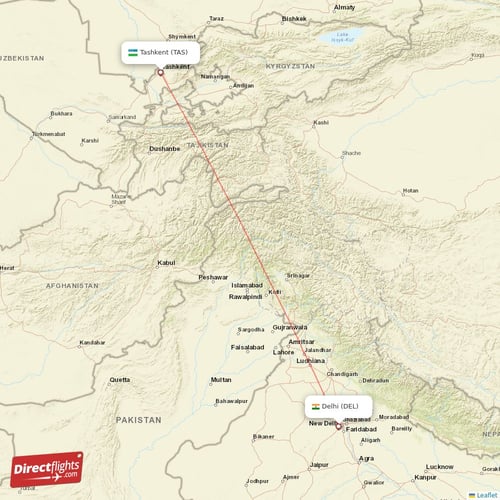 Delhi - Tashkent direct flight map