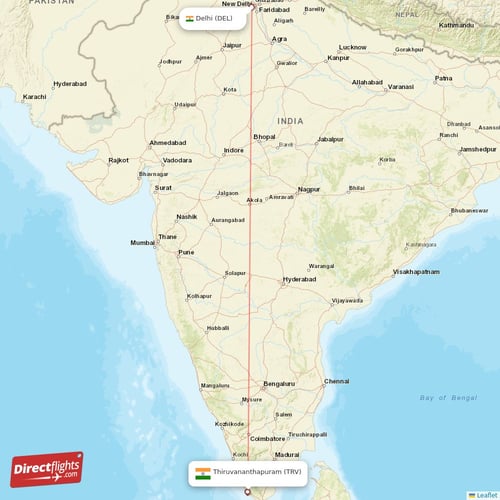 Delhi - Thiruvananthapuram direct flight map
