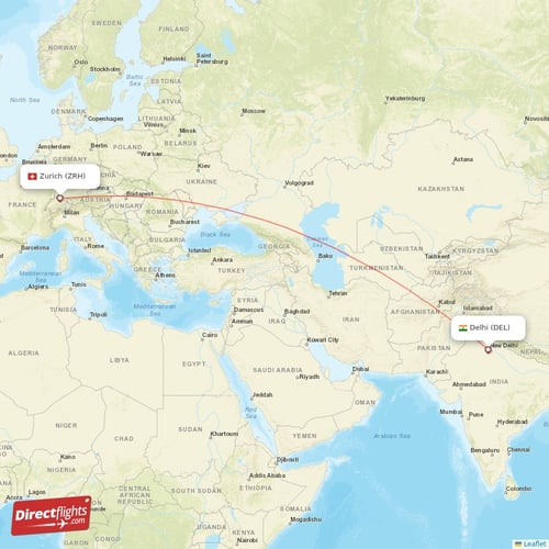 Delhi - Zurich direct flight map