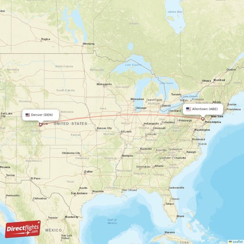 Denver - Allentown direct flight map