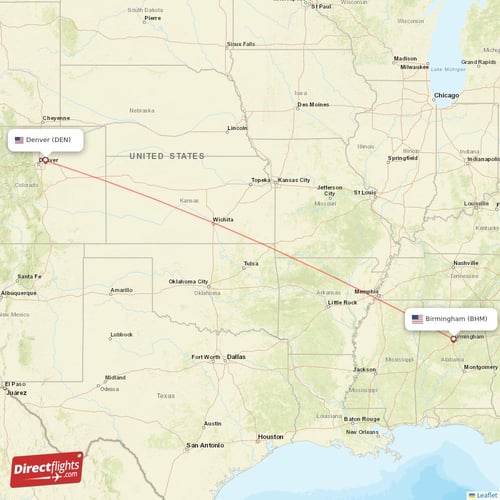 Denver - Birmingham direct flight map