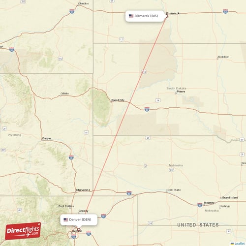 Denver - Bismarck direct flight map