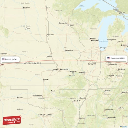 Denver - Columbus direct flight map