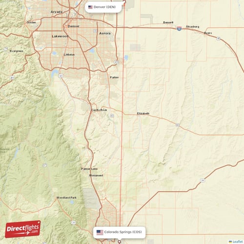 Denver - Colorado Springs direct flight map
