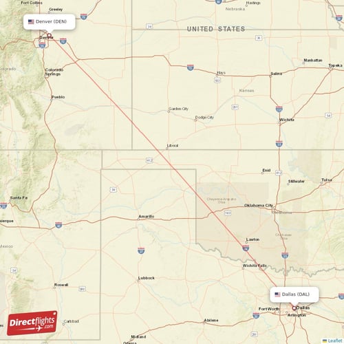 Denver - Dallas direct flight map